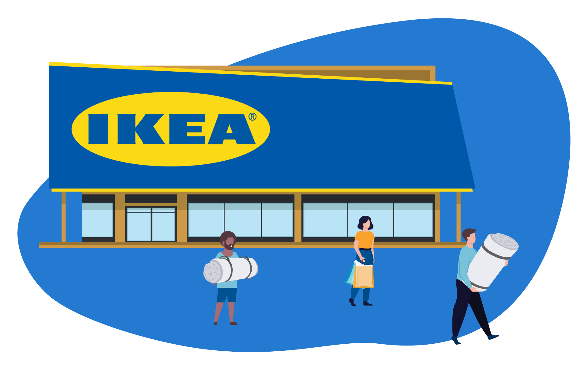 Ilustração de pessoas comprando colchão na loja IKEA.